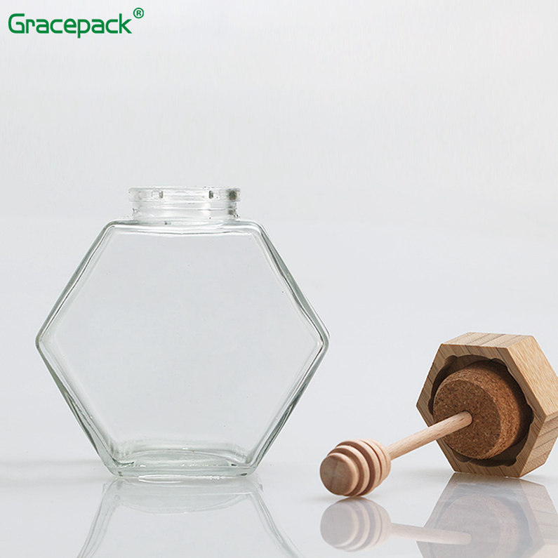 2019 Popular sales empty glass hexagon honey jar, glass jar hexagonal