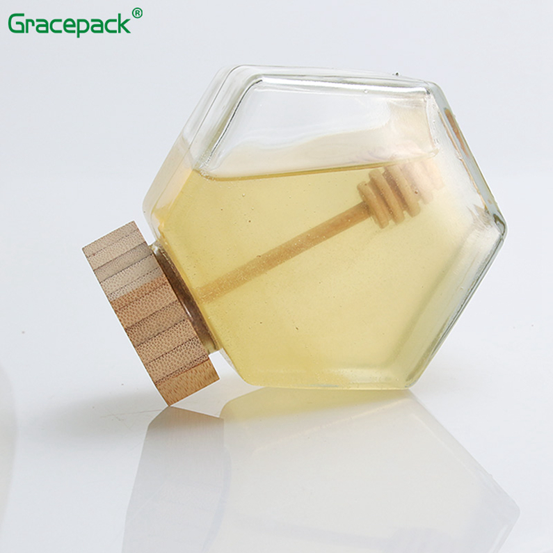 2019 Popular sales empty glass hexagon honey jar, glass jar hexagonal