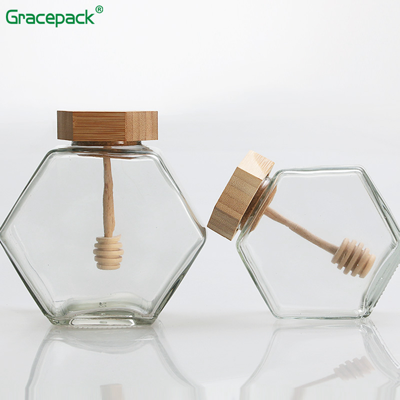 2019 Popular sales empty glass hexagon honey jar, glass jar hexagonal