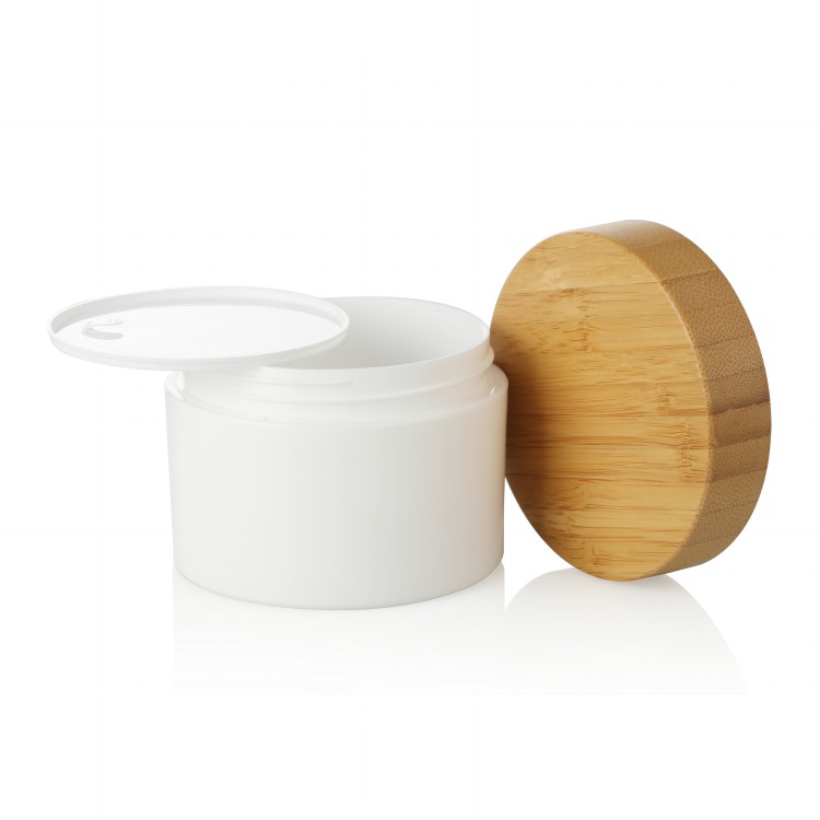 2019 hot selling 30g 50g 100g white PP plastic cosmetic cream jar with natural bamboo cap lid china supplier
