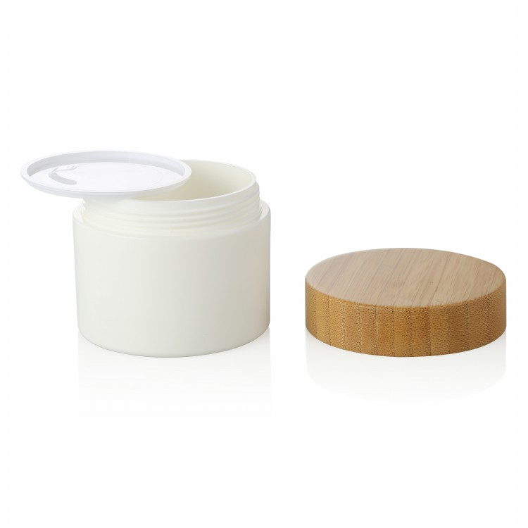 2019 hot selling 30g 50g 100g white PP plastic cosmetic cream jar with natural bamboo cap lid china supplier