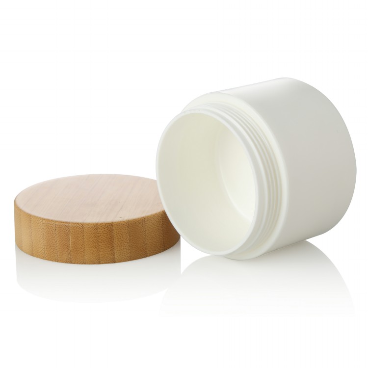 2019 hot selling 30g 50g 100g white PP plastic cosmetic cream jar with natural bamboo cap lid china supplier