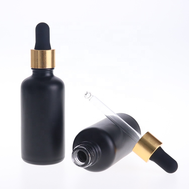 2019 popular 1oz frosted green matte black dropper olive oil bottle with eye dropper plastic black collar for facial serum