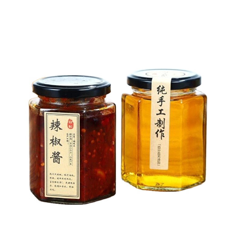2020 Customized Recyclable Hexagonal Empty Clear Bulk Mini Glass Jam Jars With Black Lid In Bulk