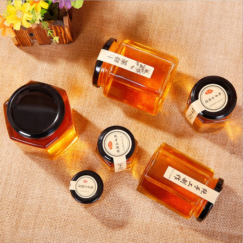 2020 Customized Recyclable Hexagonal Empty Clear Bulk Mini Glass Jam Jars With Black Lid In Bulk
