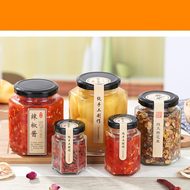 2020 Customized Recyclable Hexagonal Empty Clear Bulk Mini Pickle Jar Glass With Black Lid