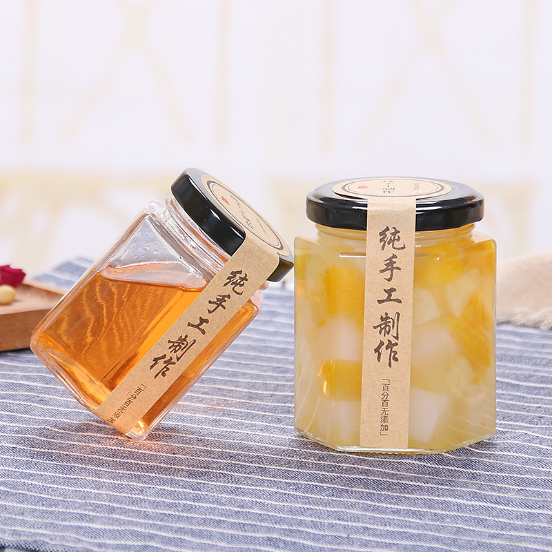 2020 Customized Recyclable Hexagonal Empty Clear Bulk Mini Pickle Jar Glass With Black Lid