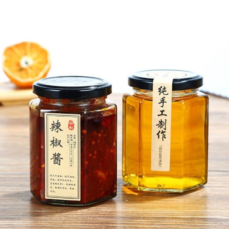 2020 Customized Recyclable Hexagonal Empty Clear Bulk Mini Pickle Jar Glass With Black Lid