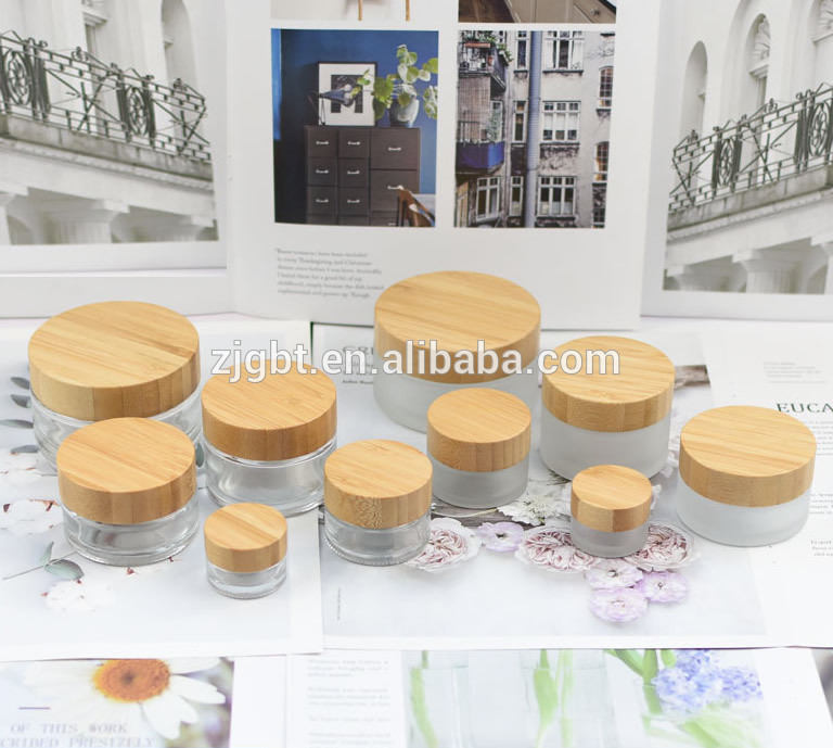 2020 Hot Sale round shape transparent/froested glass container with Bamboo cap skin care Bamboo lid cream jars cosmetic in stock