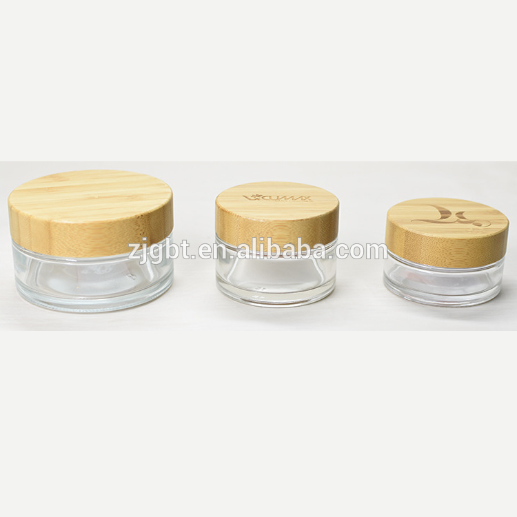 2020 Hot Sale round shape transparent/froested glass container with Bamboo cap skin care Bamboo lid cream jars cosmetic in stock