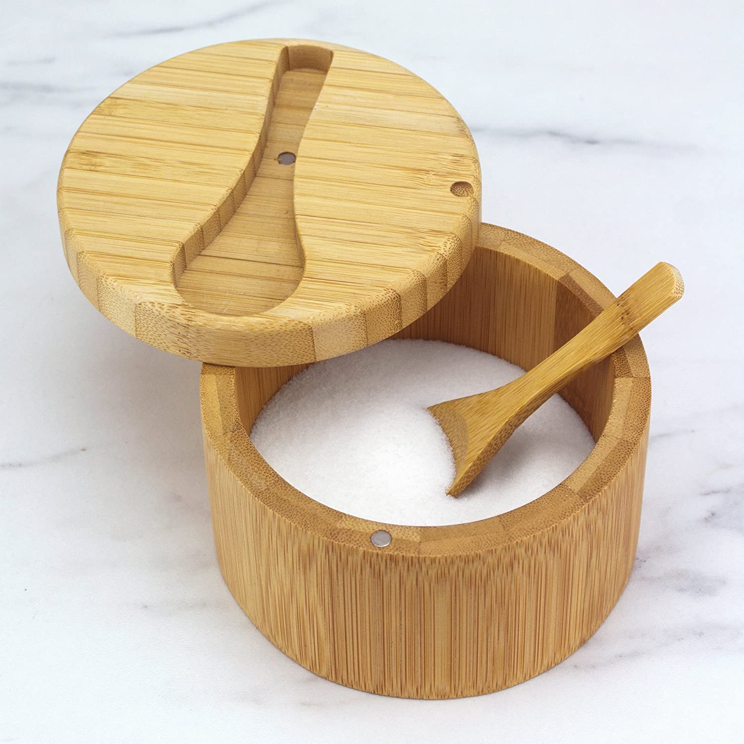 2020 New Hot Selling Bamboo Storage Sugar Box with Magnetic Swivel Lid 10oz Box Big Dipper Salt Box with Spoon