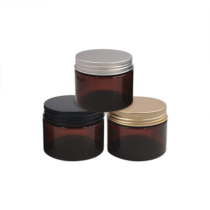 2020 New design aluminium lid round amber jar food grade 100ml 250ml 300ml 500ml pet plastic cream jar