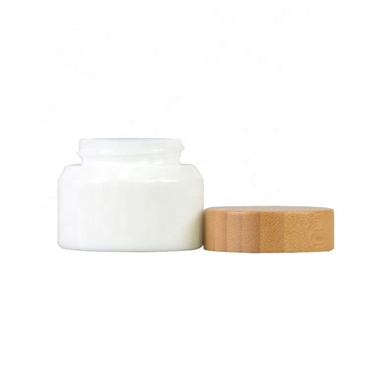 2020 New developed opal white glass cosmetic bamboo bottle with bamboo cap glass bamboo lid bottle