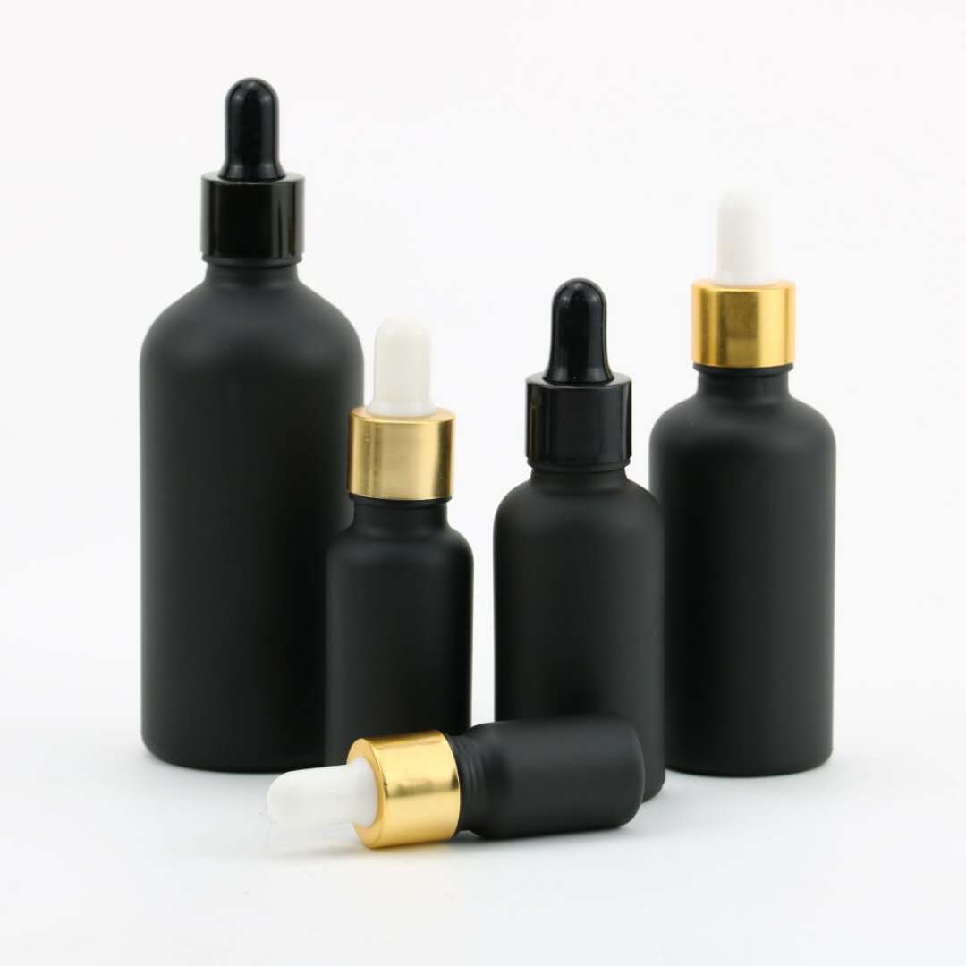 2020 Premium Quality 5ml 10ml 15ml 20ml 30ml 50ml 100ml Matte Black Frosted Essential Oil Serum Glass Dropper Bottle