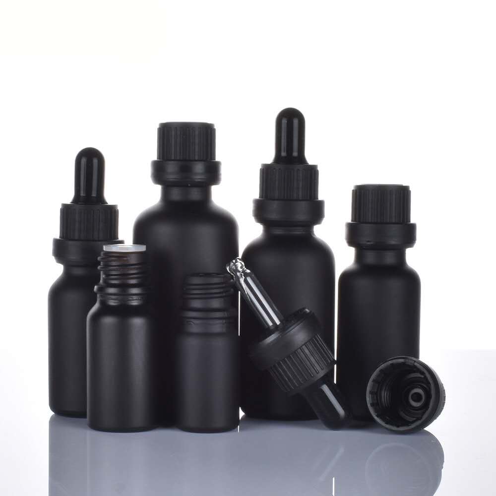 2020 Premium Quality 5ml 10ml 15ml 20ml 30ml 50ml 100ml Matte Black Frosted Essential Oil Serum Glass Dropper Bottle