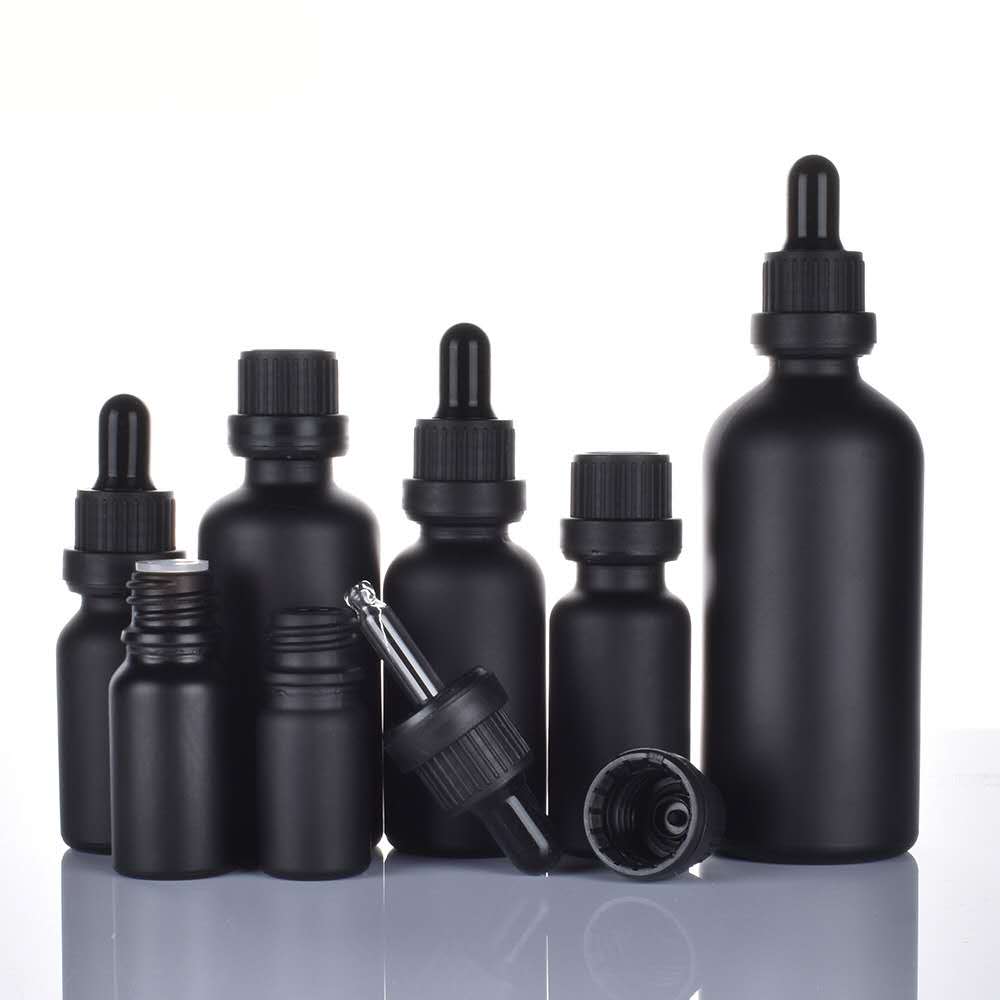 2020 Premium Quality 5ml 10ml 15ml 20ml 30ml 50ml 100ml Matte Black Frosted Essential Oil Serum Glass Dropper Bottle