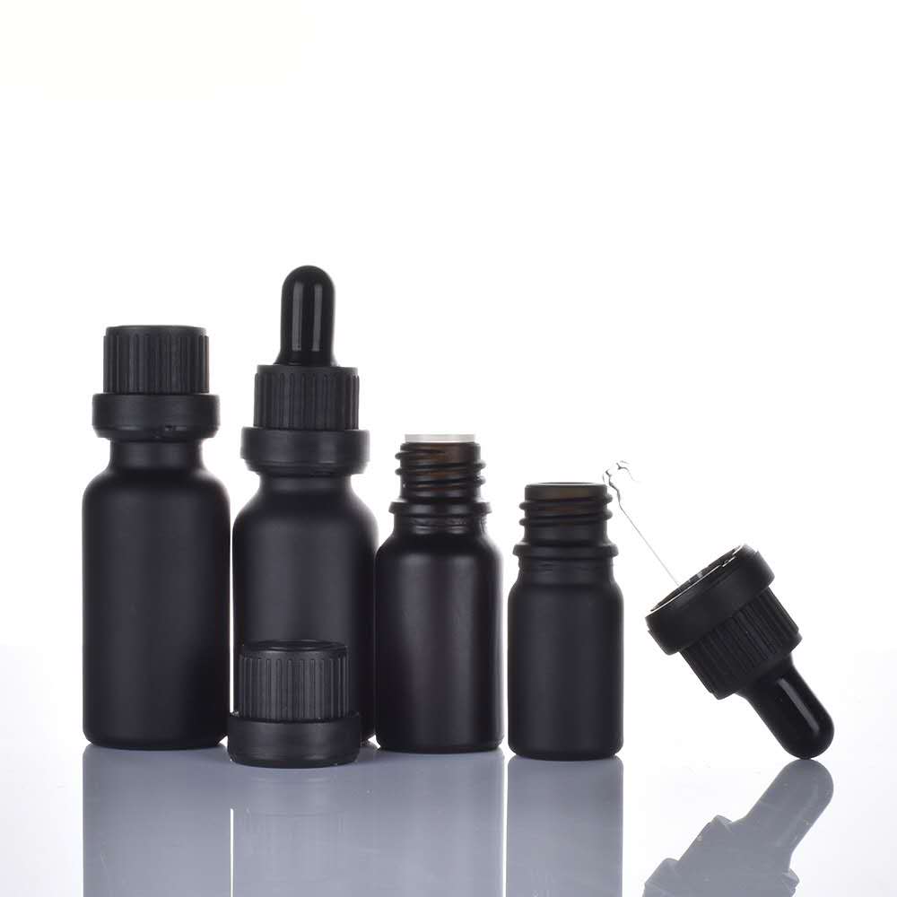2020 Premium Quality 5ml 10ml 15ml 20ml 30ml 50ml 100ml Matte Black Frosted Essential Oil Serum Glass Dropper Bottle
