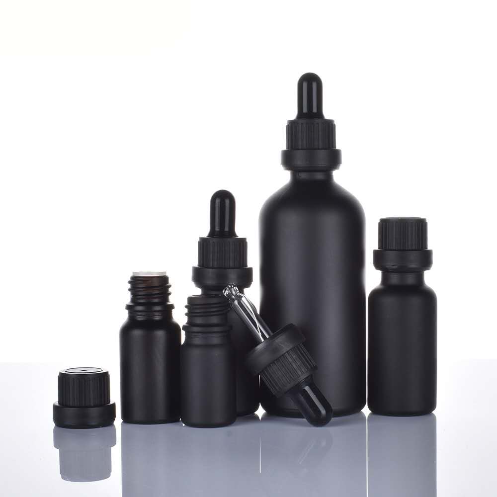 2020 Premium Quality 5ml 10ml 15ml 20ml 30ml 50ml 100ml Matte Black Frosted Essential Oil Serum Glass Dropper Bottle