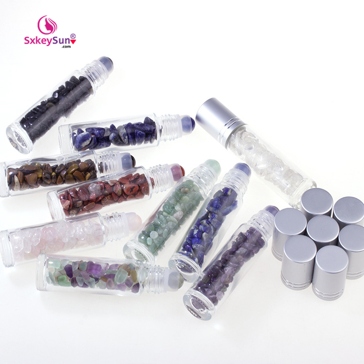 2020 gemstone roller ball bottles 10ml glass bottle roller ball with bamboo cover round roller ball bottles