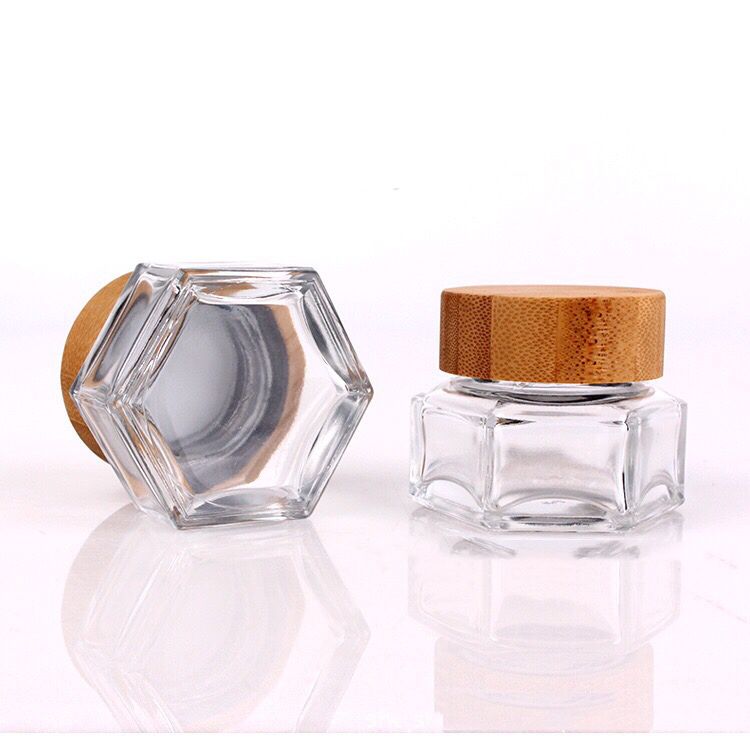 2020 new 100ml clear hexagon glass honey jar face cream jars jam bottles pots for jam with screw top bamboo cork lid wooden cap