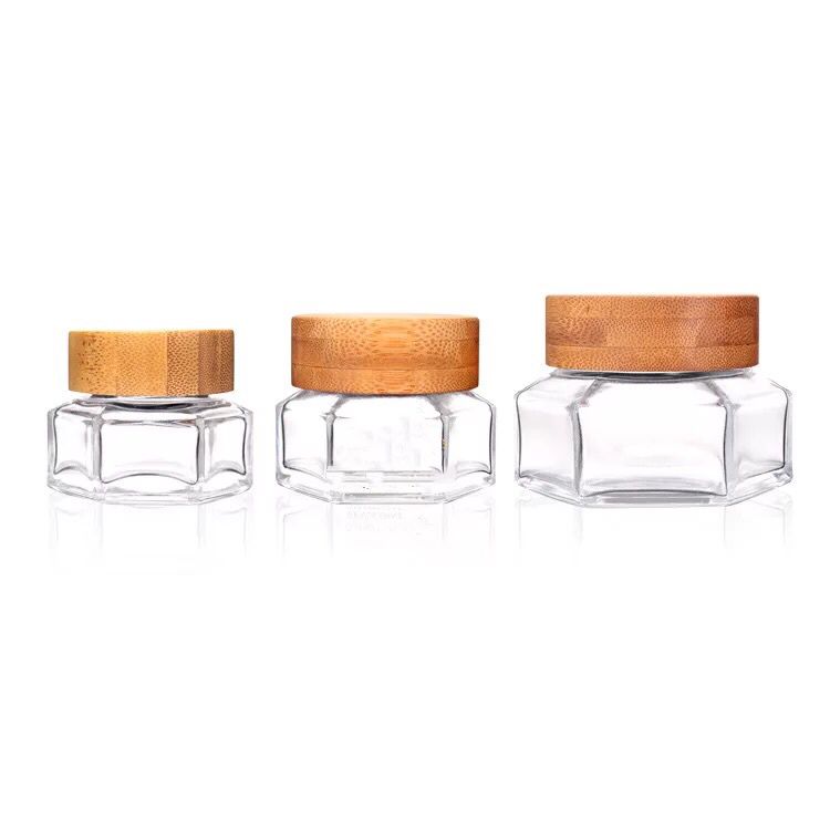2020 new 100ml clear hexagon glass honey jar face cream jars jam bottles pots for jam with screw top bamboo cork lid wooden cap