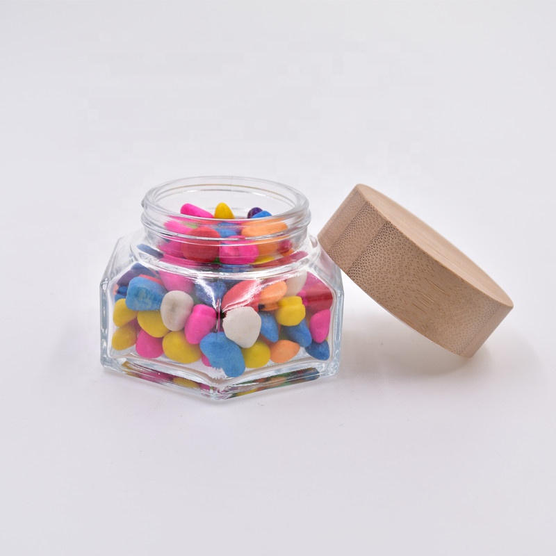 2020 new 100ml clear hexagon glass honey jar face cream jars jam bottles pots for jam with screw top bamboo cork lid wooden cap
