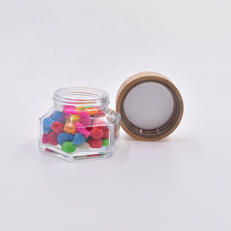 2020 new design 30ml clear hexagon glass honey jar face cream jar bottles jam pots for jam with screw top bamboo lid wooden cap