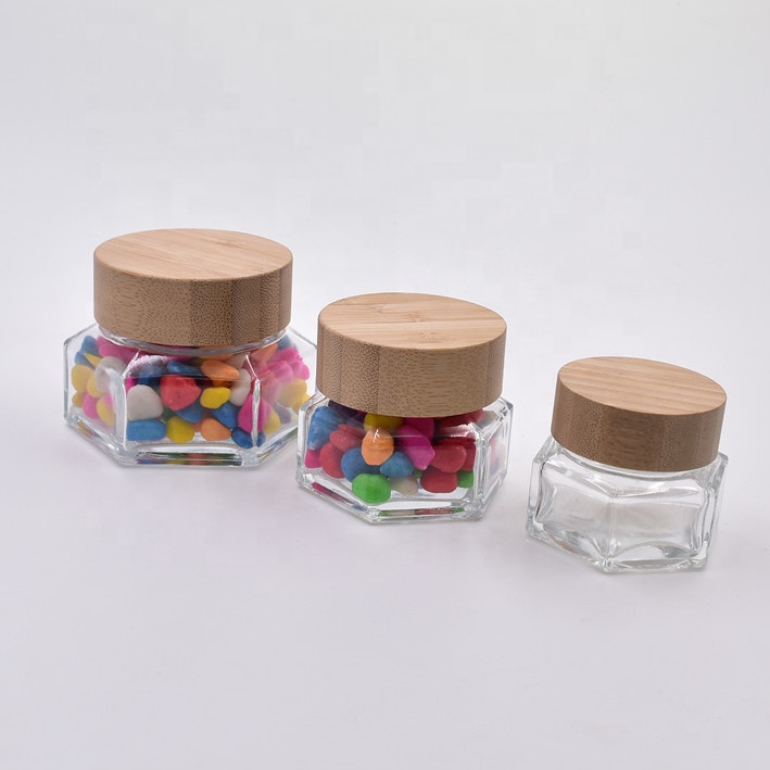 2020 new design 30ml clear hexagon glass honey jar face cream jar bottles jam pots for jam with screw top bamboo lid wooden cap