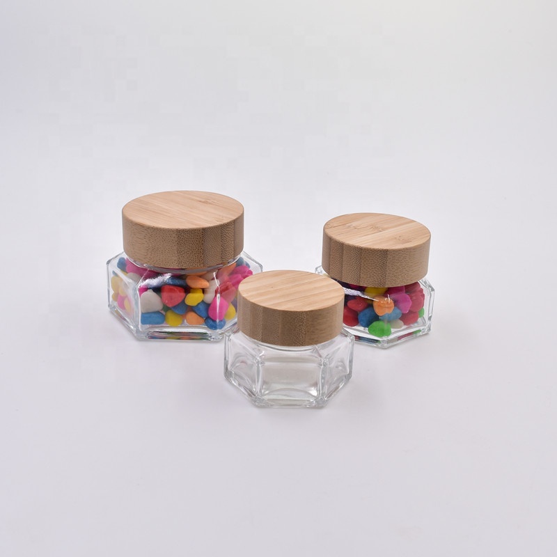 2020 new design 50ml clear hexagon glass honey jar face cream jars jam bottles for jam with screw top bamboo cork lid wooden cap
