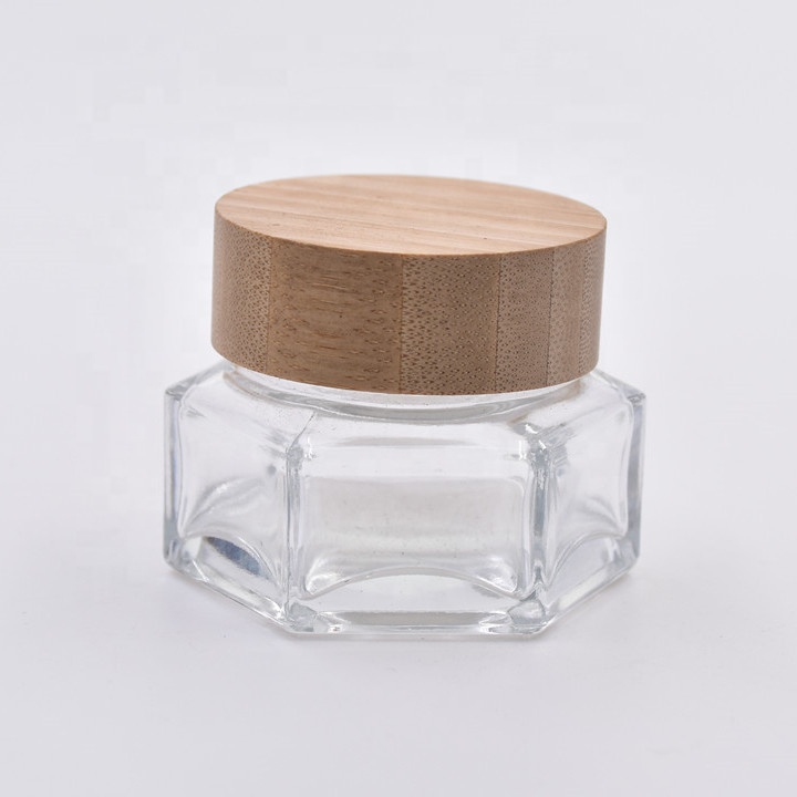 2020 wholesale 100ml clear hexagon face cream jars mason jar for food with screw top bamboo lid wooden cap