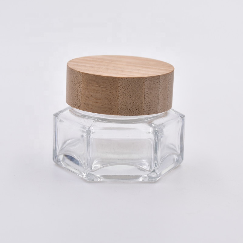 2020 wholesale 30ml 50ml 100ml clear hexagon face cream jars mason jar for food with screw top bamboo lid wooden cap