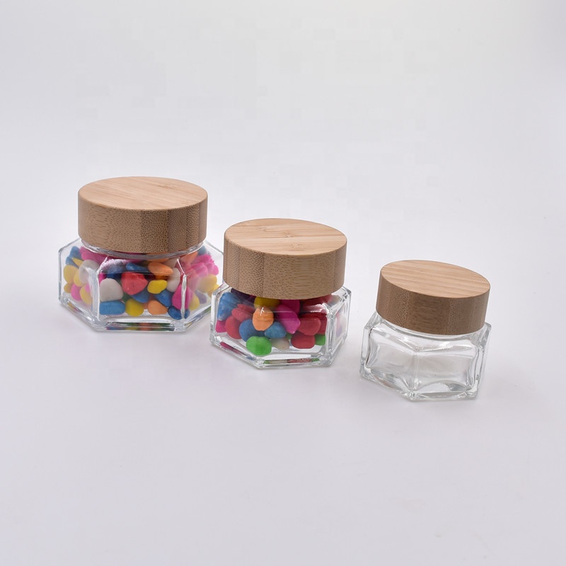 2020 wholesale 30ml 50ml 100ml clear hexagon face cream jars mason jar for food with screw top bamboo lid wooden cap