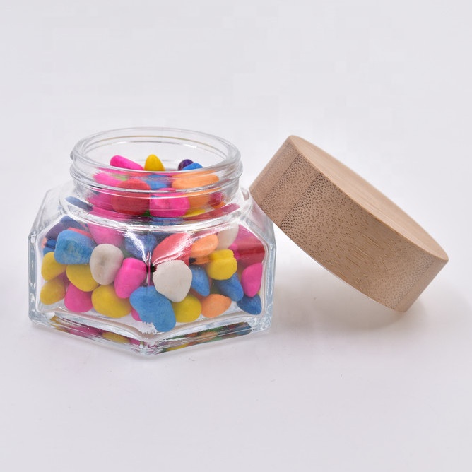 2020 wholesale 30ml 50ml 100ml clear hexagon face cream jars mason jar for food with screw top bamboo lid wooden cap