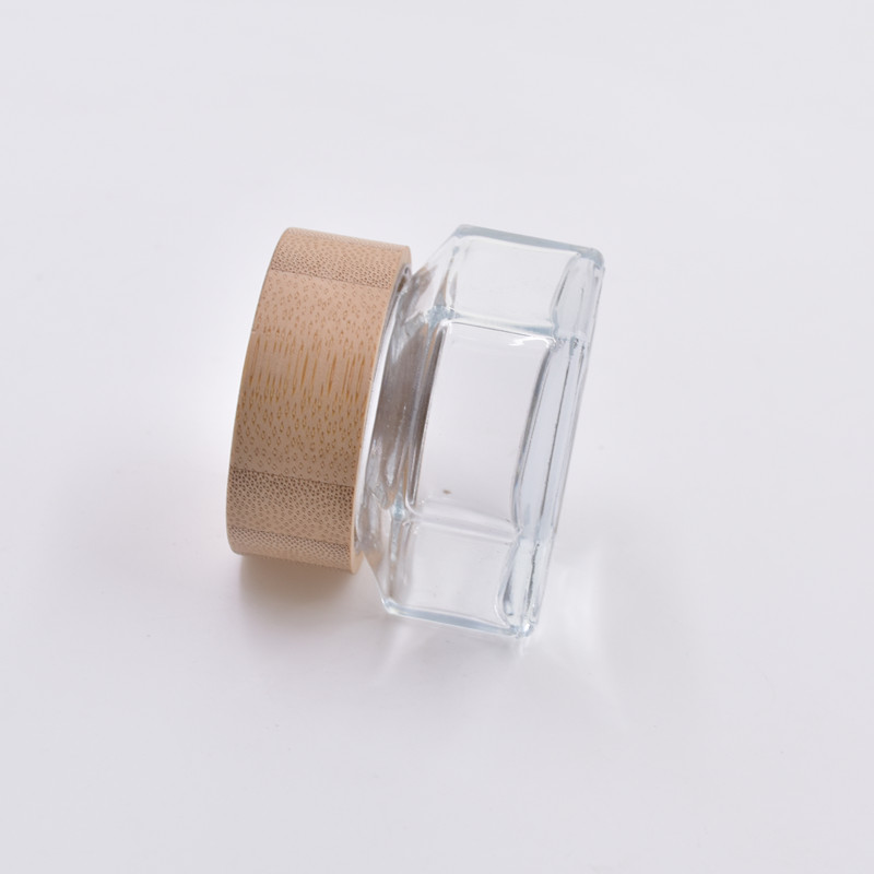 2020 wholesale 50ml clear hexagon face cream jars mason jar for food with screw top bamboo lid wooden cap