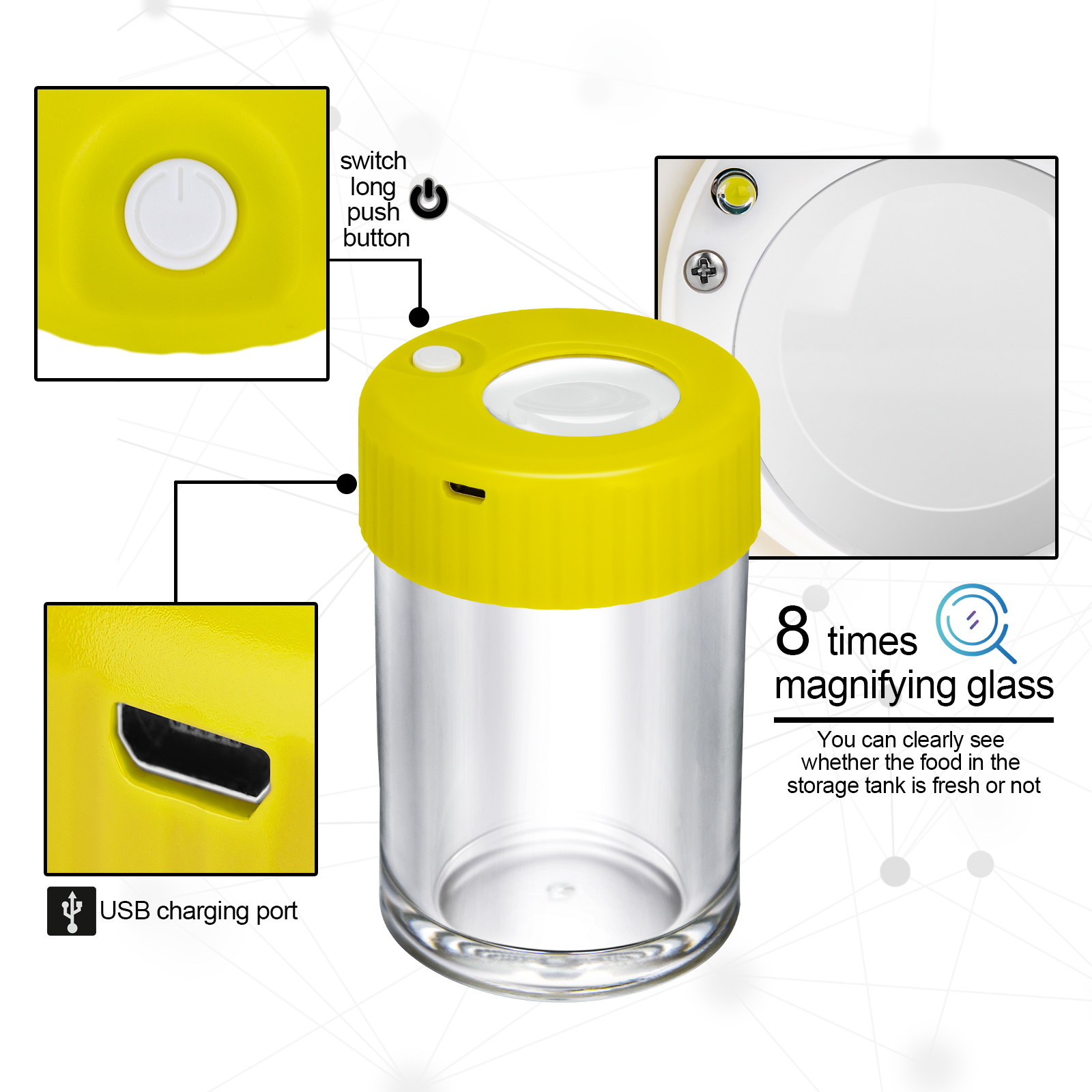 2021 Air Tight Custom LED Storage Jar plastic Appearance Container with Magnifier tube shaped ABS plastic Herb Glass jar liner