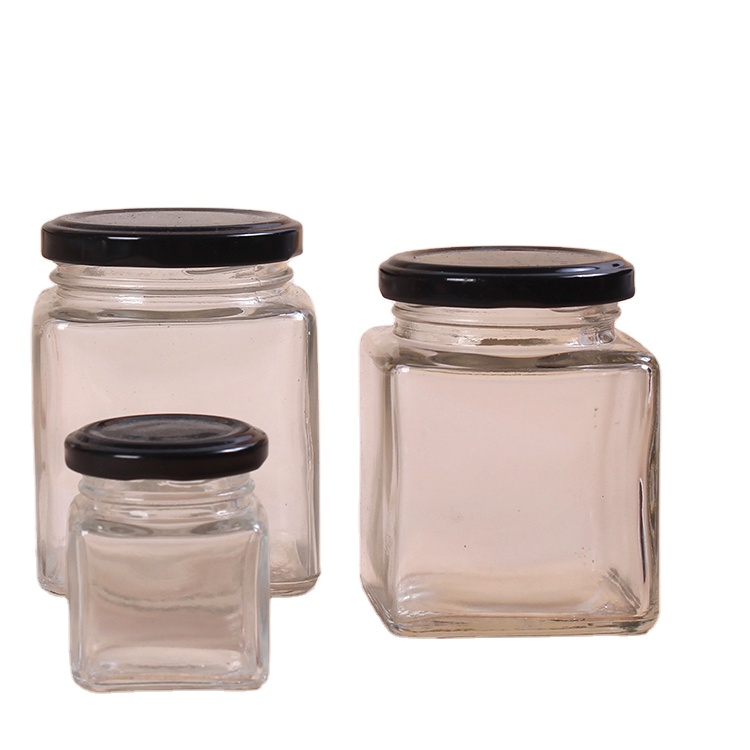 2021 Different size Square Shape Clear Glass Jar with Black Lid for Storage