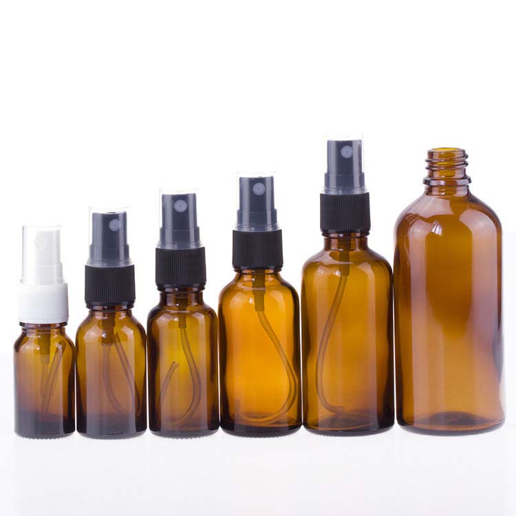 2021 Free sample wholesale 10ml 15ml 30ml 50ml 100ml amber round glass essential oil spray pump bottles in stock