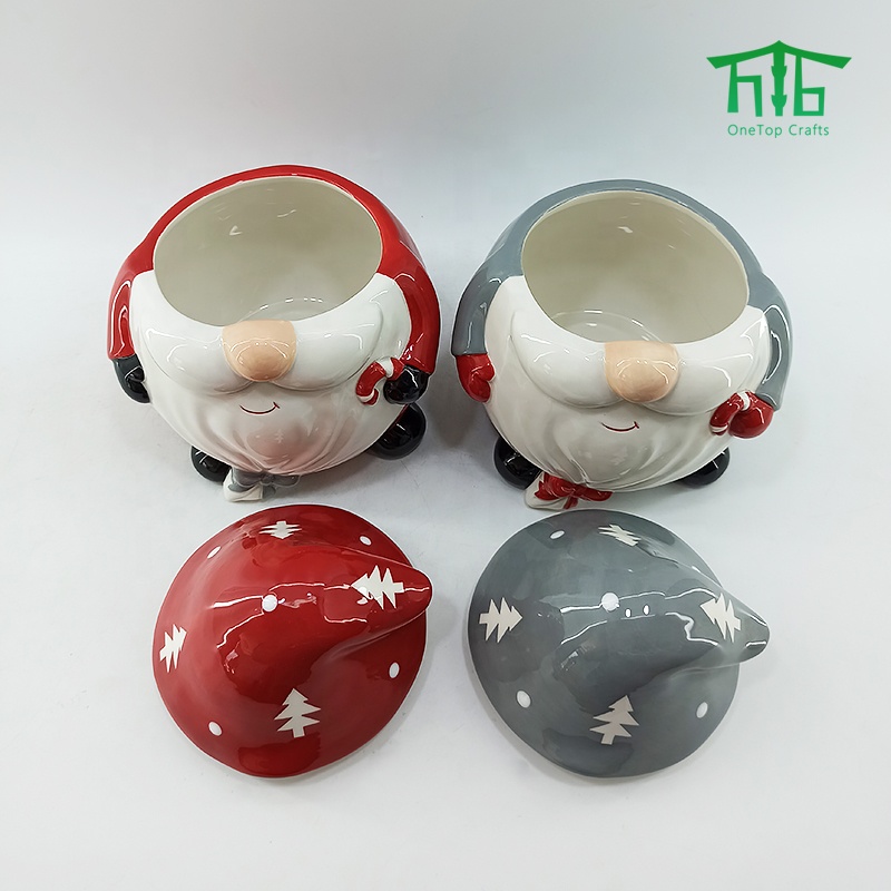 2021 Funny Christmas Santa ceramic cookie jar with lid Christmas Santa design ceramic food storage container