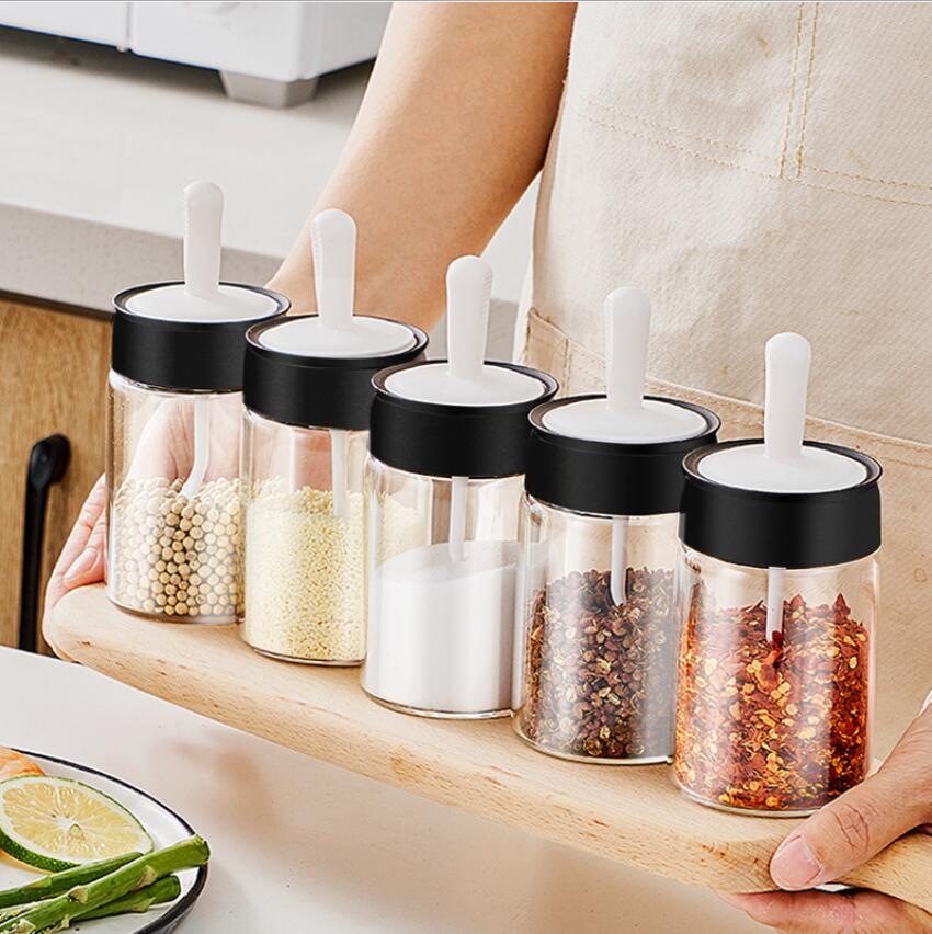2021 Glass Seasoning Kitchen Spice Kit Bottles Pepper Spoon Seasoning Jars Oil Brush Honey Container Food Set Storage