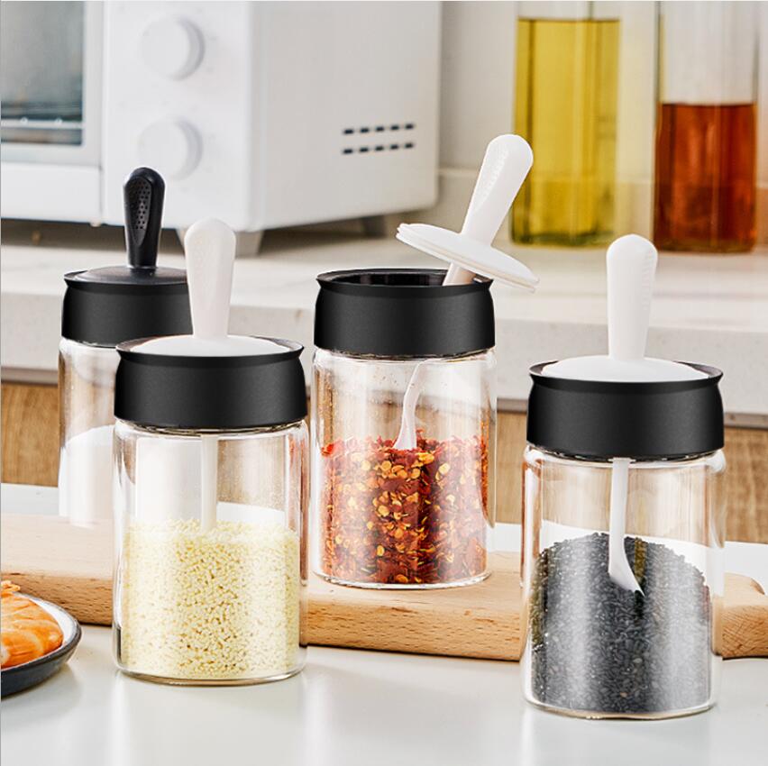 2021 Glass Seasoning Kitchen Spice Kit Bottles Pepper Spoon Seasoning Jars Oil Brush Honey Container Food Set Storage