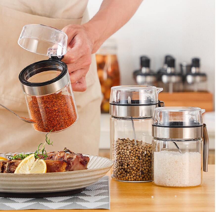2021 Glass Seasoning Tank Kitchen seasoning box with Spoon Moisture-Proof Cruet Household Sealed Storage