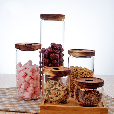 2021 Hot sale on Amazon 250ML Kitchen glass spice jar with wood lid set 16 OZ wholesale