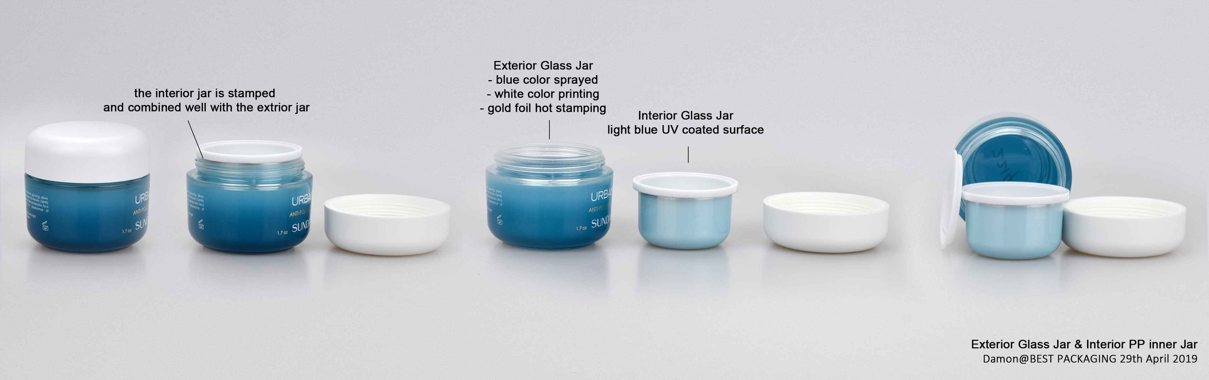 2021 Luxury cosmetic cream jar 50ml 50g 1.7oz gradient blue double wall face mask glass jar with refillable inner