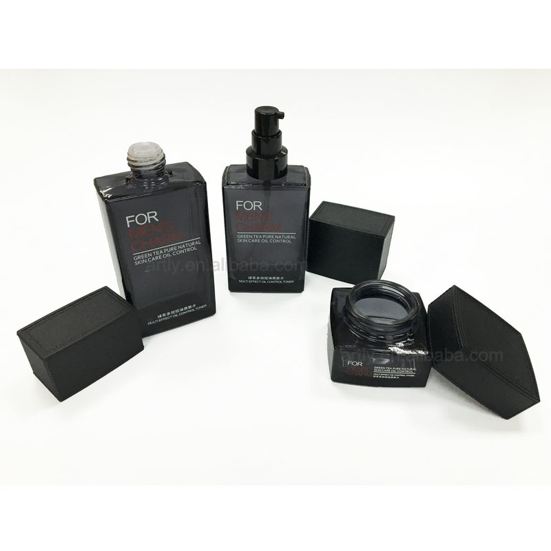 2021 New Design 100ml 120ml 50g Square Glass Bottles And Jars With Imitation Leather Cap Luxury Cosmetic Packaging For Men