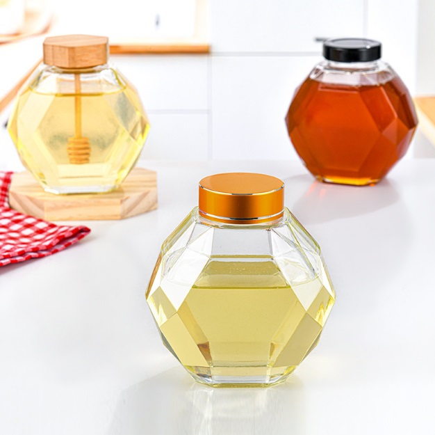 2021 New Design Special Shape 500g Glass Honey Storage Bottle Wooden Lid Honey Container Glass Honey Jar With Four lid