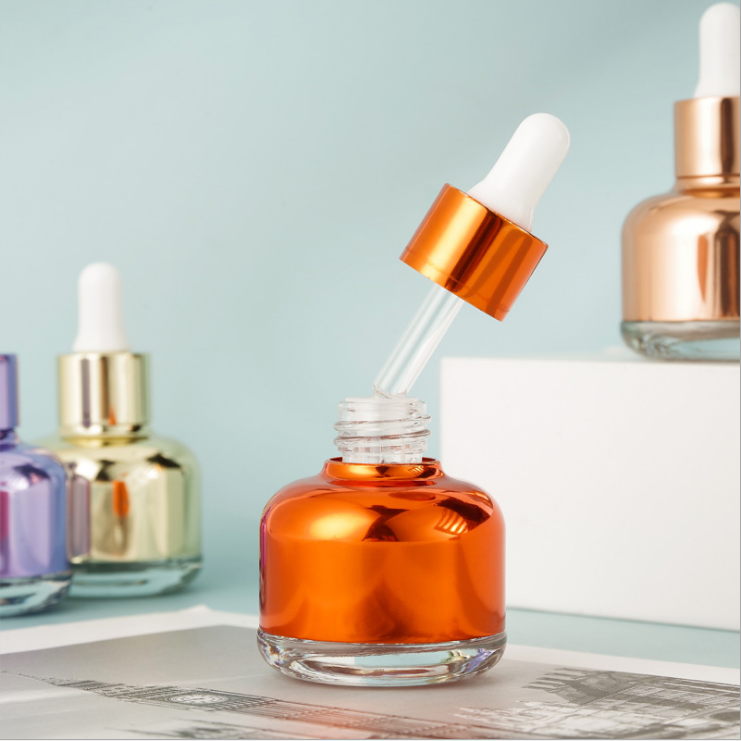 2021 New Free Sample Colorful plating 100ml luxury cosmetic perfume serum bottle round shape glass essential oil dropper bottle