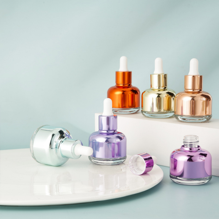 2021 New Free Sample Colorful plating 100ml luxury cosmetic perfume serum bottle round shape glass essential oil dropper bottle