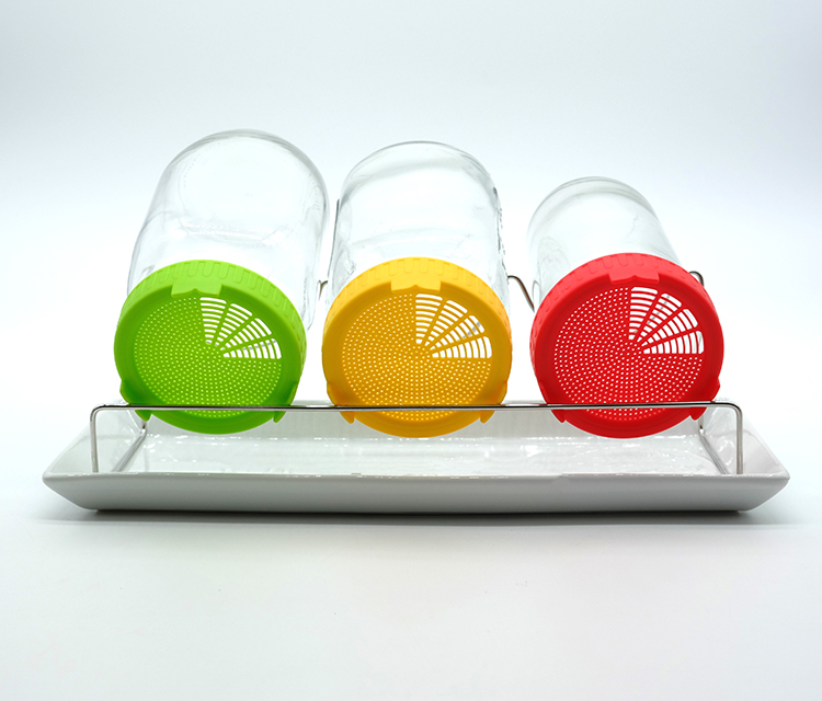 2021 New Products 3 Glass Jars set with Long Ceramic Tray Big 8PCS Set with Colorful Plastic Mesh Lids