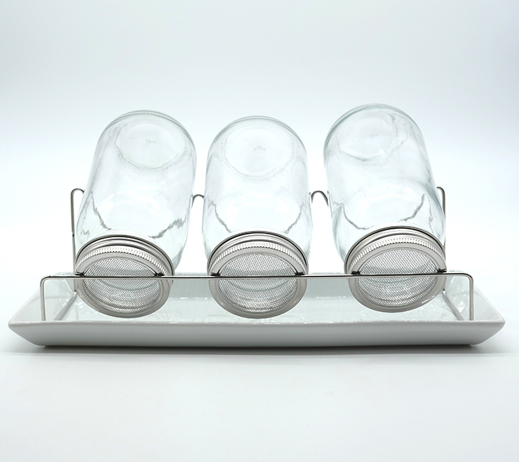 2021 New Products 3 Glass Jars set with Long Ceramic Tray Big 8PCS Set with Colorful Plastic Mesh Lids