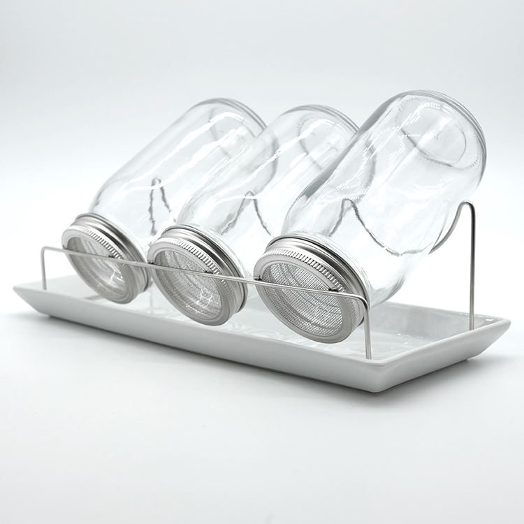 2021 New Products 3 Glass Jars set with Long Ceramic Tray Big 8PCS Set with Colorful Plastic Mesh Lids